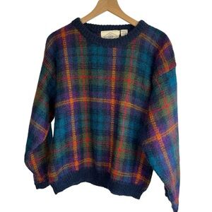 Vintage Womens B Moss Mohair Blue Plaid Oversized Crewneck Sweater L Preppy